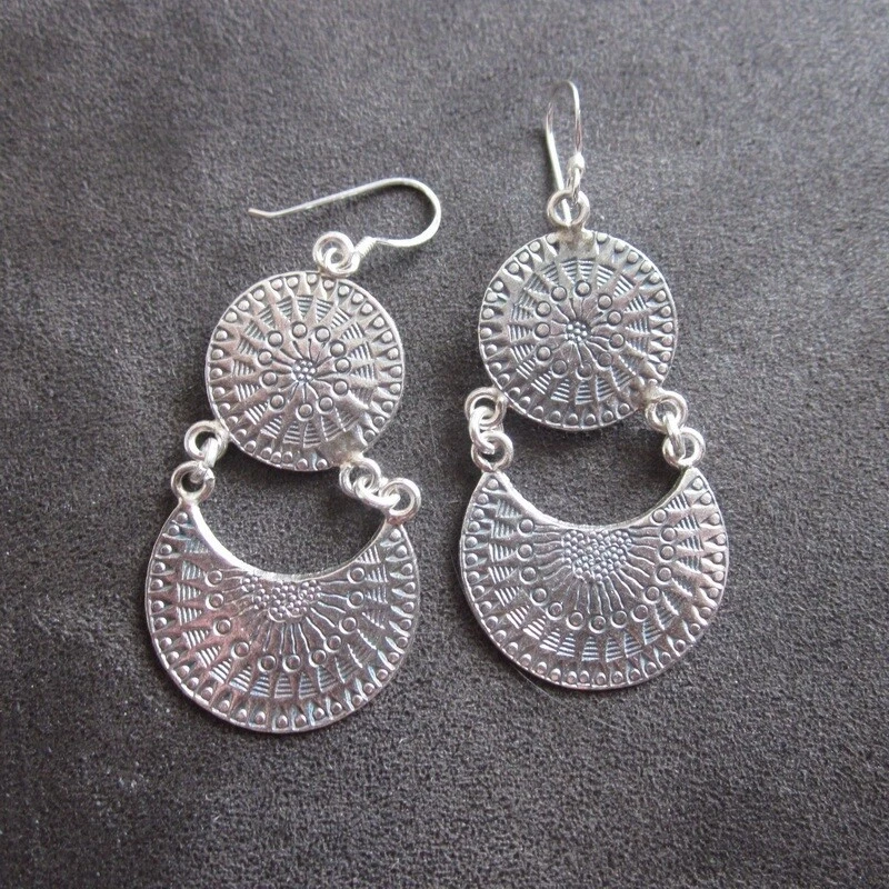 FINE SILVER EARRINGS 925 STERLING LONG TWIN LAYERS CRAFT TRIBAL TRADITIONAL - Image 2 of 4
