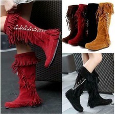 Women's tassel Rhinestone Mid Calf Knee High Boots Fringe Moccasin Boots new