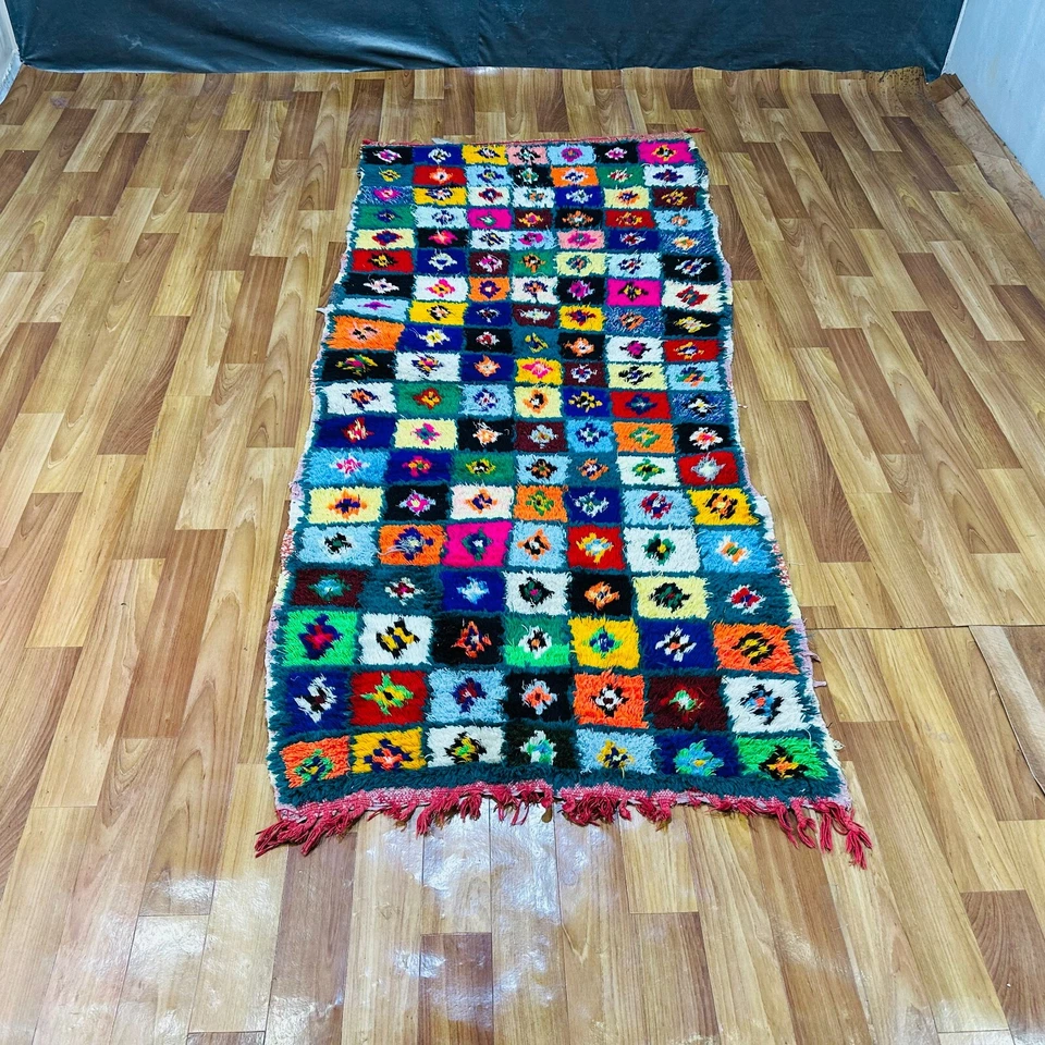 Alfombra colorida marroquí a cuadros hecha a mano de lana bereber boho alfombra tribal Foto 4 de 4