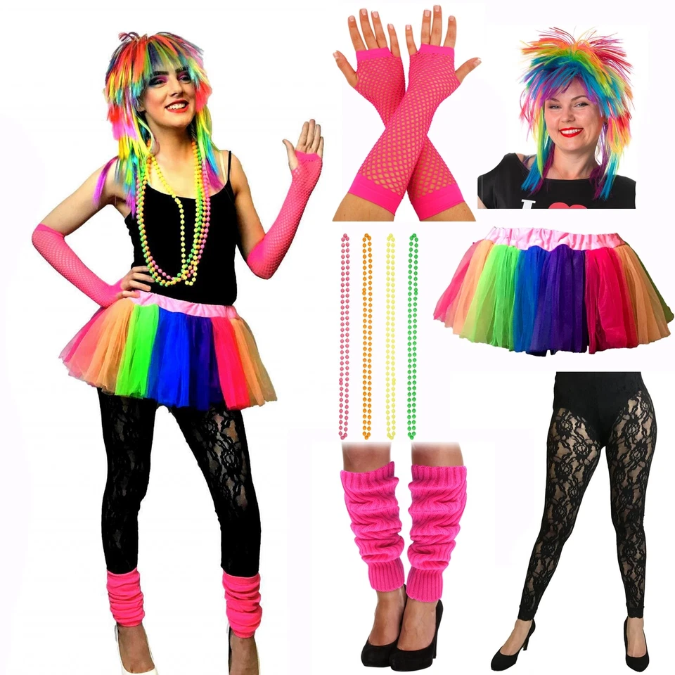 NEON 80'S UV TUTU SKIRT LEG WARMER BEADS HEN NIGHT FANCY DRESS COSTUME RAINBOW