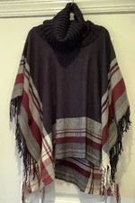 Indigo Soul Poncho Shaw One Size Blue And Plaid Turtleneck Fringe Shaw