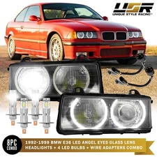 LED Angel Halo + x4 H1 LED+ ZKW-Style Euro GLASS Projector Headlight For BMW E36