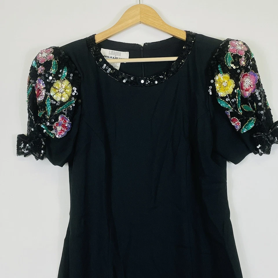 Vestido vaina Jack Bryan vintage negro crepé abullonada lentejuelas mangas con cuentas para mujer 12 Foto 2 de 4