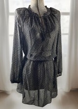 LAUREN RALPH LAUREN Sheer Short Black Printed Bunched Waist Dress Size 8 Breezy