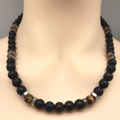 45cm 8mm MANS Natural Stainless Tiger Eye Lava Bead Necklace Steel Toggle - Picture 11 of 15