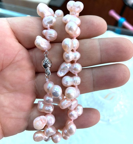 New 8x12-15mm pink Baroque fresh water gourd Pearl Necklace 18 " - Picture 2 of 5