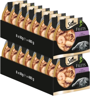 16x60g Sheba Katzenfutter Nassfutter Schale Filets Huhn mit Garnelen