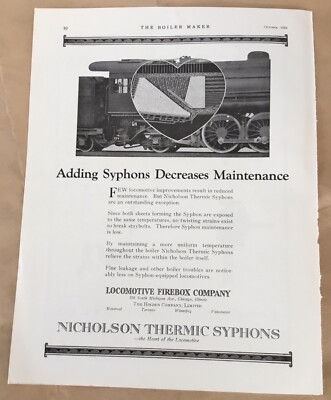 Nicholson Thermic Syphons 1924 orig vintage print ad 1920s illus locomotives