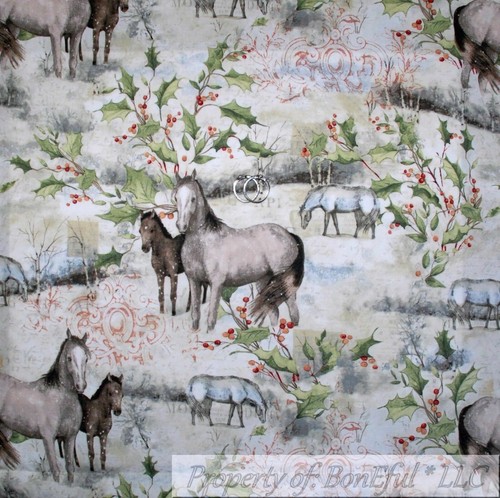 BonEful Fabric FQ Cotton Quilt White Snow Scenic Farm Horse Red Holly Berry Leaf - 第 1/15 張圖片