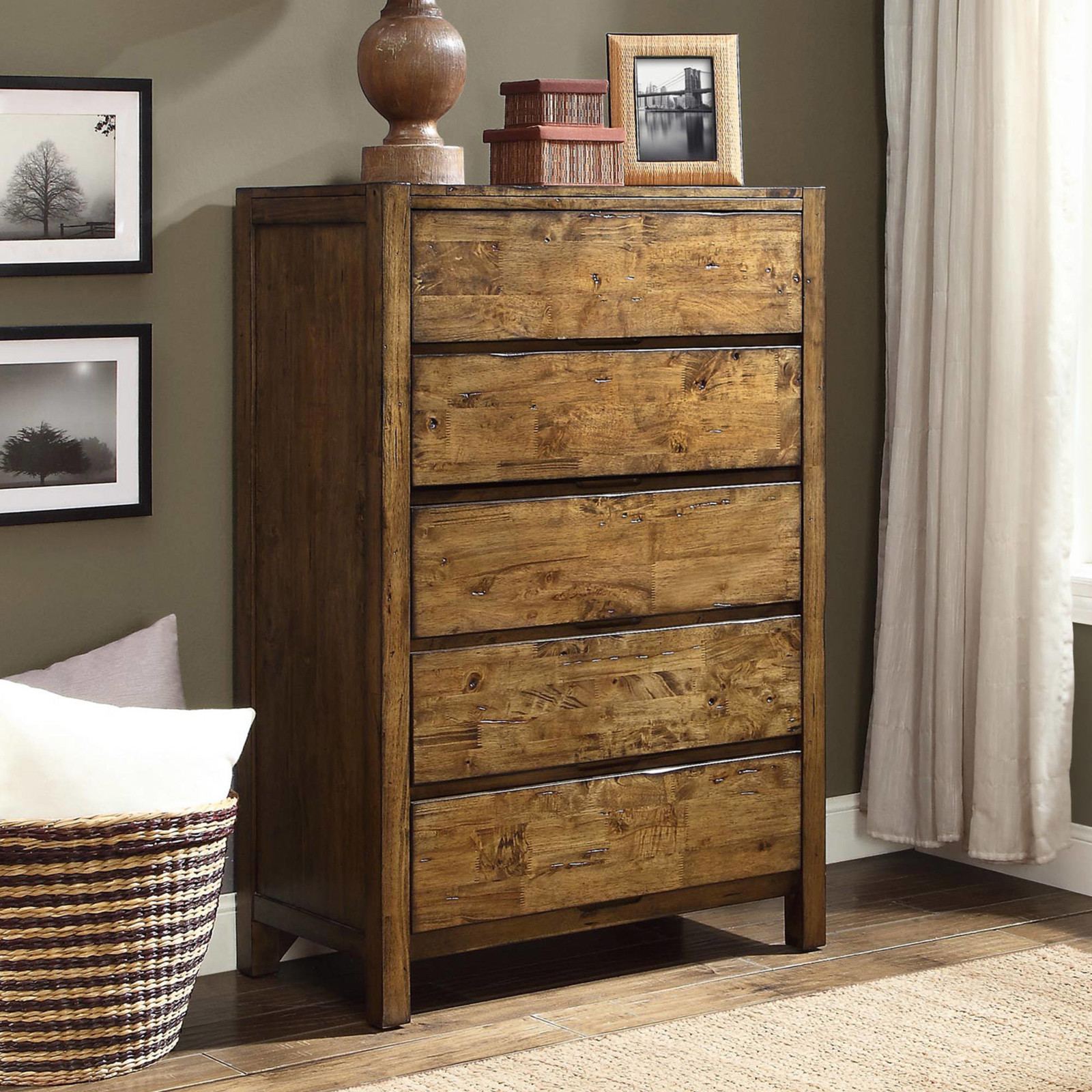 Chest Of 5 Drawer Dresser Solid Wood Rustic Barn Wood Finish