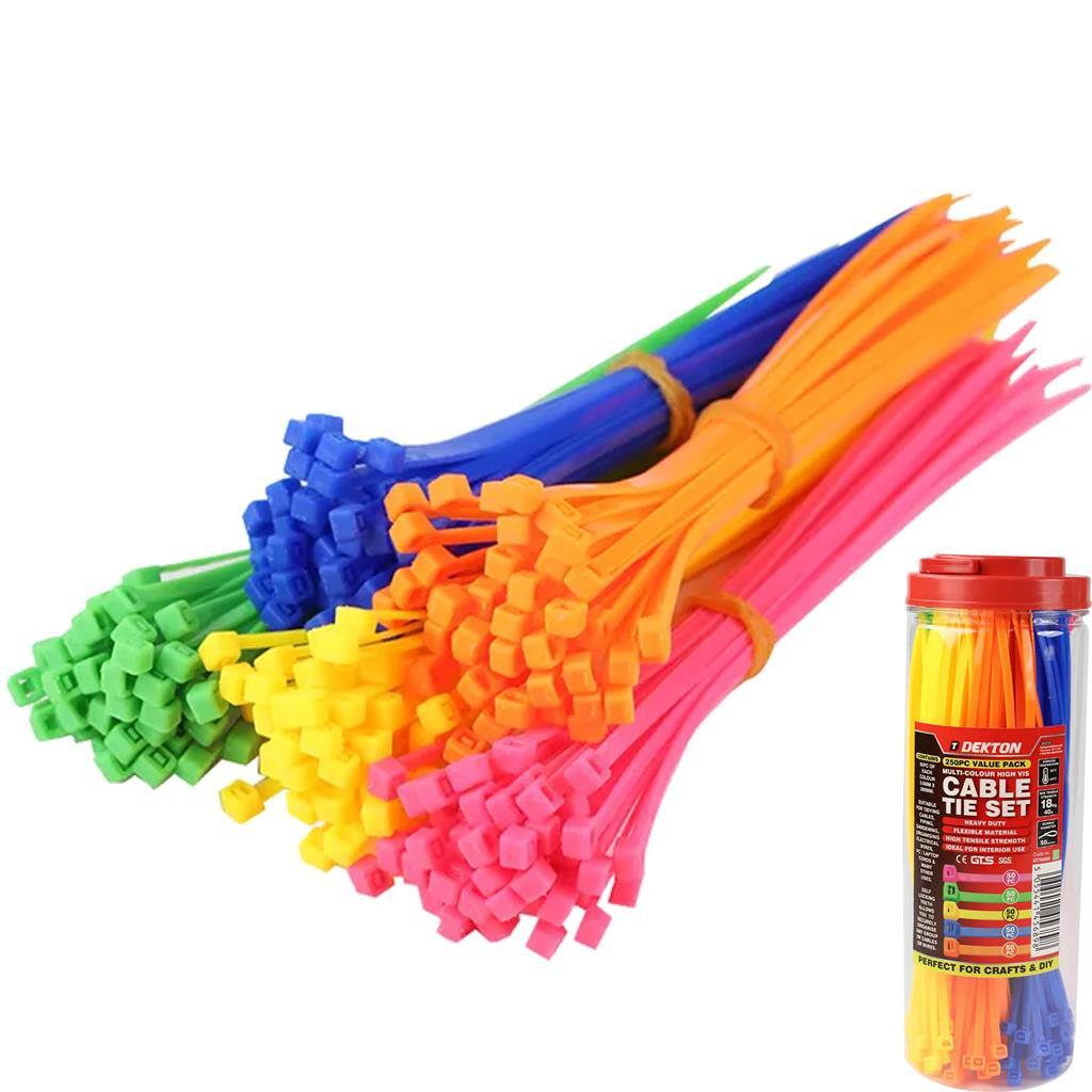 Dekton 250pc Assorted Coloured High Vis Cable Ties Nylon Plastic Zip Tie Wrap