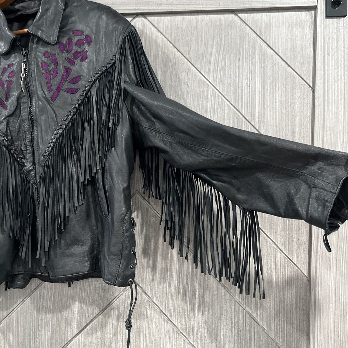 UNIK Leather Black Biker Jacket Fringe Purple Rose Zip Front UNIK Leather Black Biker Jacket Fringe Purple Rose Zip Front