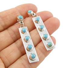 Image of 925 Sterling Silver Rectangle Earrings Bezel Set Turquoise Beads Dangling Drops