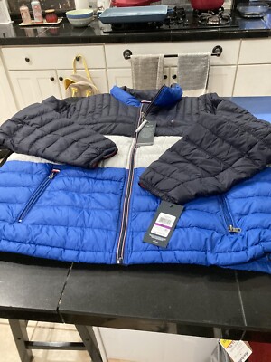 Mens TOMMY HILFIGER Camo PACKABLE DOWN Jacket COAT BLUE/WHITE 2XL XXL $250  NWT