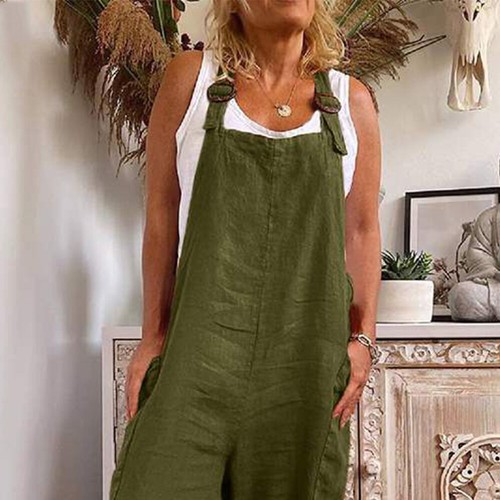 Womens Cotton Linen Strappy Jumpsuit Dungarees Ladies Baggy Overalls Trousers UK - Picture 7 of 25