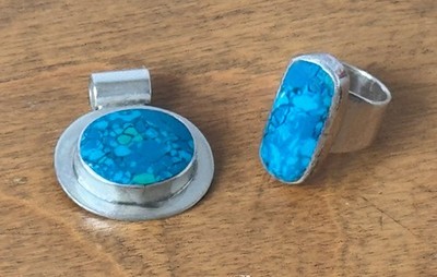 ATI Turquoise Sterling Silver 925 Ring Pendant Set Vtg Mexican Taxco Green Old