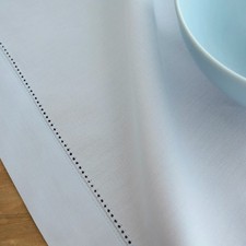 Tablecloth: Solino Home light blue linen/cotton, 58 x84 , hemstitch
