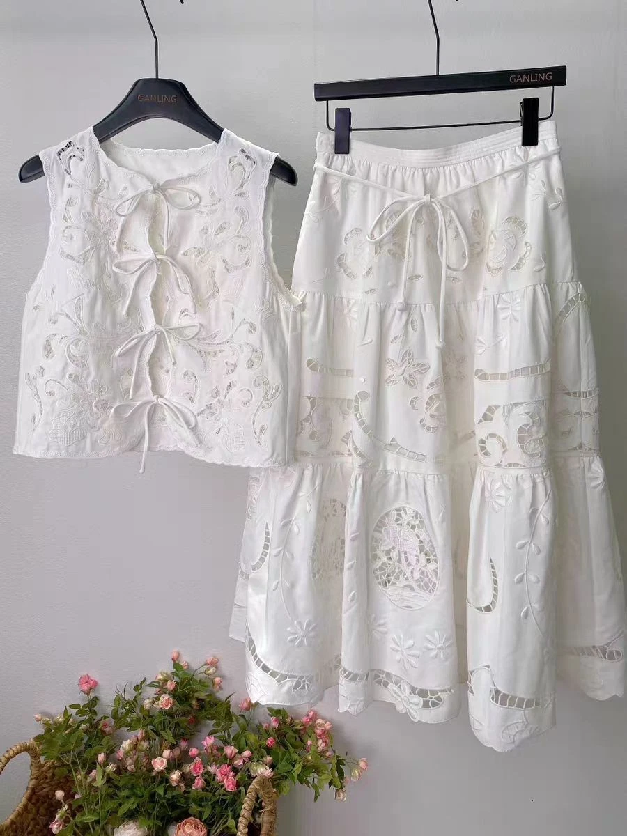 Sea New York hollowed out embroidered strap sleeveless vest for women+midi skirt
