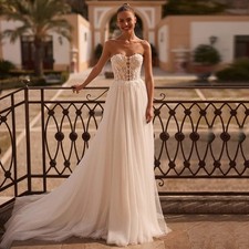 Sexy Tulle Wedding Dresses Strapless See Through Beading Applique Bridal Gowns