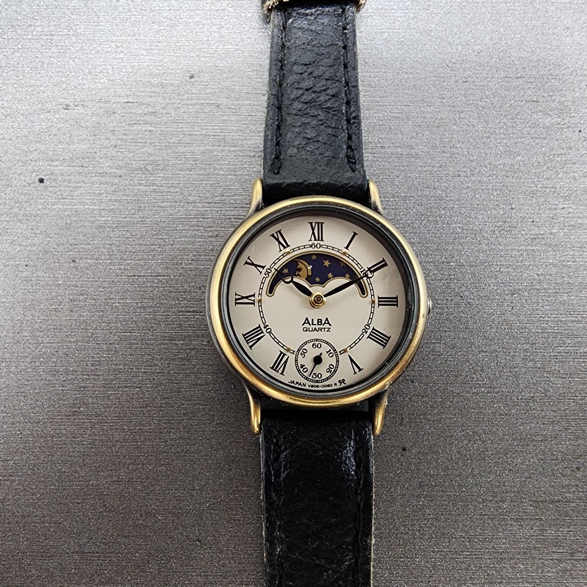 Seiko Alba Sun Moon Watch Women 25mm Cream Dial Gold Tone Date