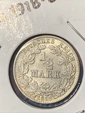 1918 D German Germany Silver 1/2 Mark KM#6 About Uncirculated AU/BU