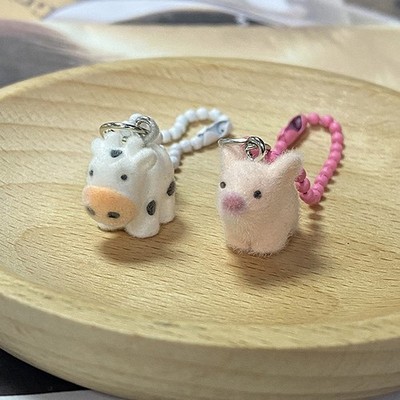 3D Flocking Animal Lanyard Keychain Mini Resin Fluffy Keyring Cute Bag Pendant