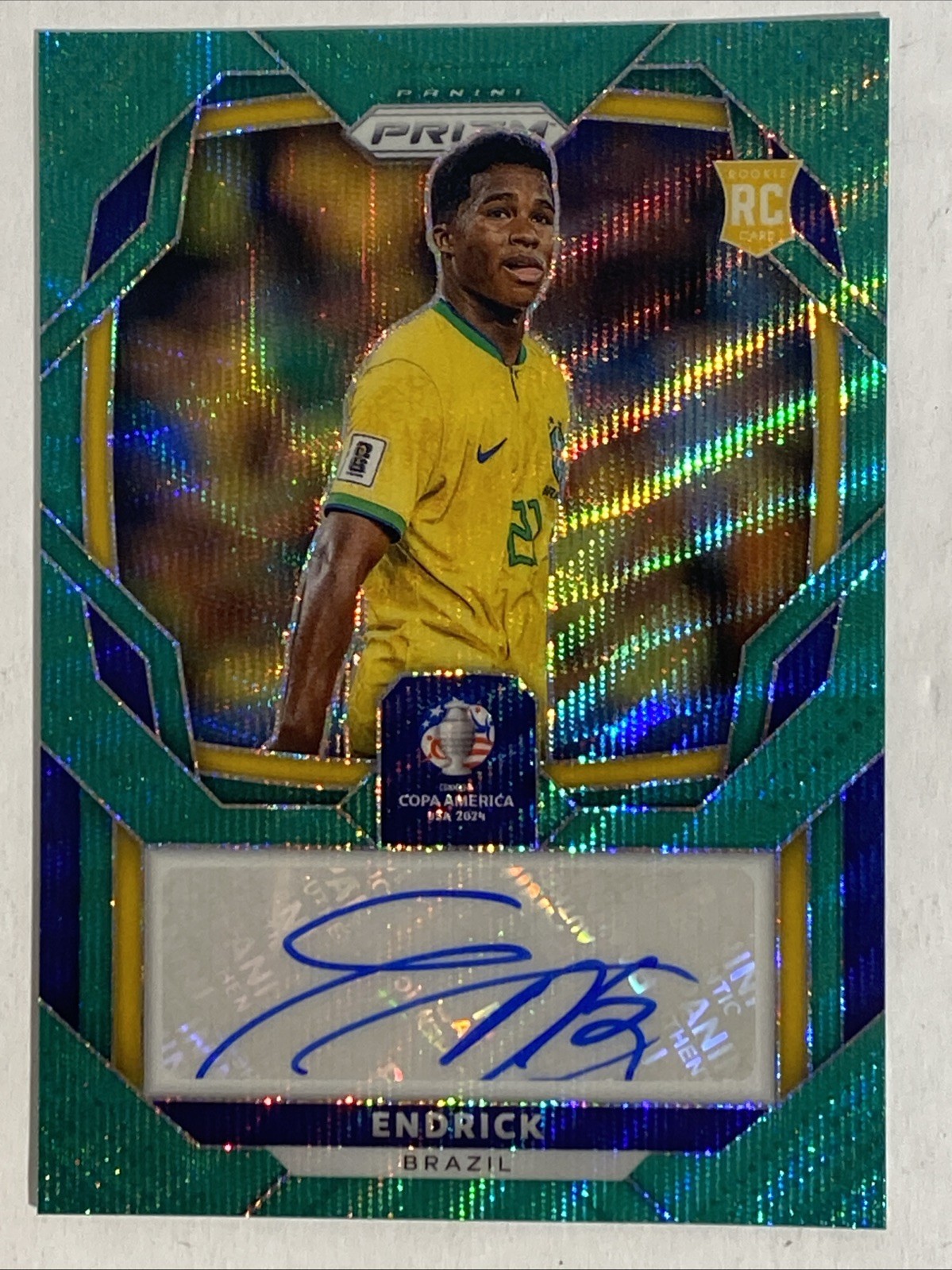 Endrick 2024 Panini Prizm COPA America Signature Green Wave Auto RC Brazil