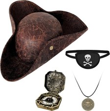 Zddaoole 4PCS Pirate Hat,Renaissance Pirate Tricorn Hat with Eye Patch  Necklac