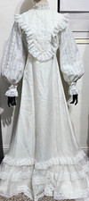 Vintage 70s Victorian White Lace Wedding Dress High Neck Ruffle Train Sz 10
