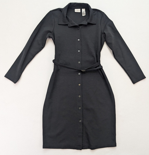 Villager Women's Shirt Dress Size PM Black Stretch Knit Belted Long Sleeve - Picture 2 of 11