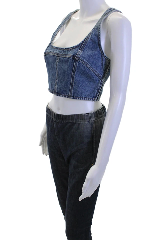 Camiseta sin mangas recortada azul cuello cuadrado cremallera algodón sin mangas años 90 talla S con marco para mujer Foto 2 de 4