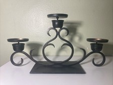 Wrought Iron 3 Arm Pillar Candle Holder Heavy Scroll Metal Centerpiece Black