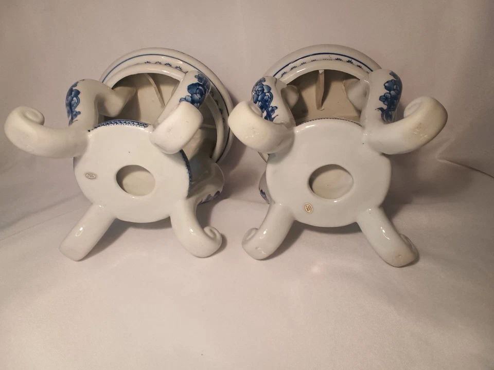2 Vintage Chinoiserie 8"x8" Blue & White Pedestal Plant Stands Set Made In China Foto 4 de 4