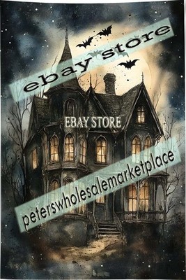 Gothic Bat Mansion Fabric poster tapestry Dark Fantasy House Scene 59X82 in