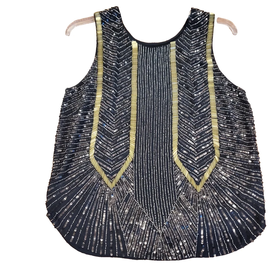 Top Nicole Miller Mujer Pequeño Cuentas Formal Sin Mangas Glamour Dorado Negro Boda  Foto 2 de 4