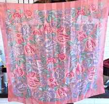 Vintage Scarf with Large Flowers Design Pink  Purple  Blue 29" x 30"