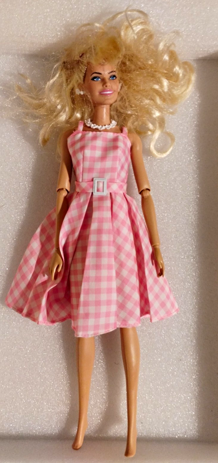 Barbie 11.5in Fashion Girl Doll Blonde Curly Hair Blue Eyes Pink Gingham Dress