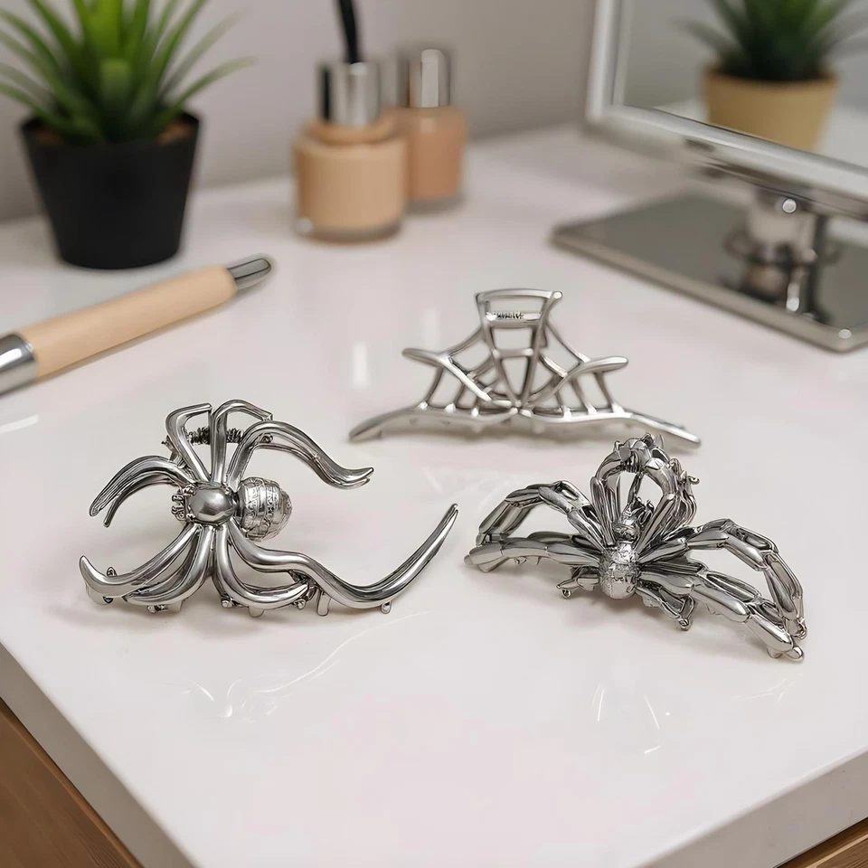 3 PIEZAS Pinzas de garra de pelo calavera mano esqueleto tela de araña negra pinza de metal hiphop  Foto 4 de 4