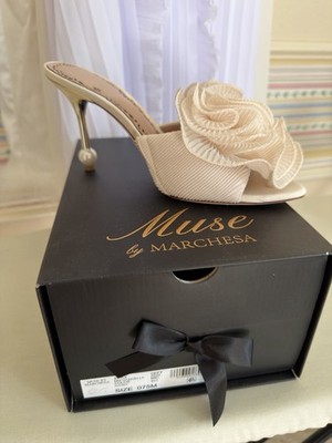 Muse by Marchesa Ivory Satin Open Toe Mule Heels Floral Slip On Women s 7.5M
