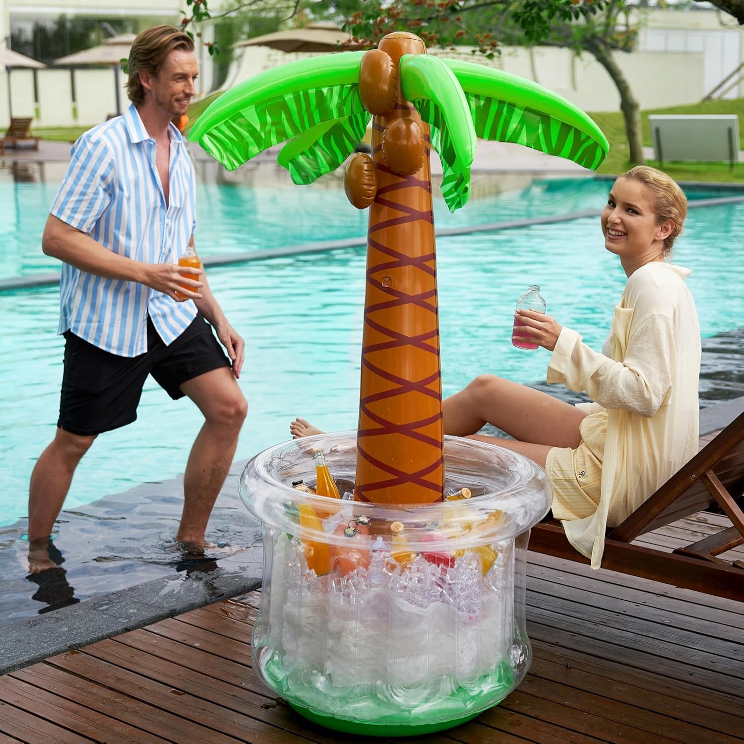 60" Inflatable Palm Tree Cooler, Beach Pool Party Decor, Tropical Drink Holder