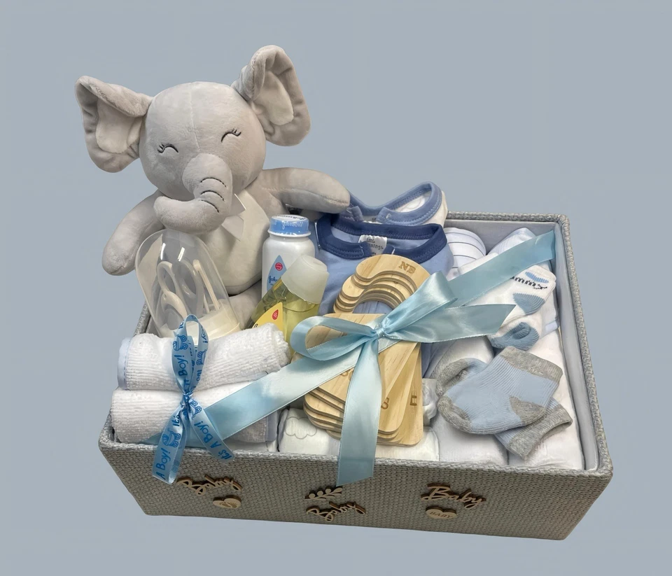 Welcome Baby Boy Deluxe Gift Basket. Cotton. Blue/ Gray. Elephant. - Image 2 of 2