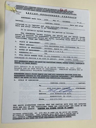 Cannibal Corpse Concert Contract 1993 Pittsburgh PA - 第 1/1 張圖片