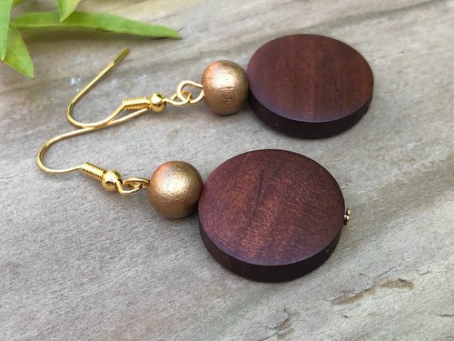 Light Brown or Dark Brown Round Wooden Bead Earrings. Gold or Silver. UK Made - Picture 15 of 23