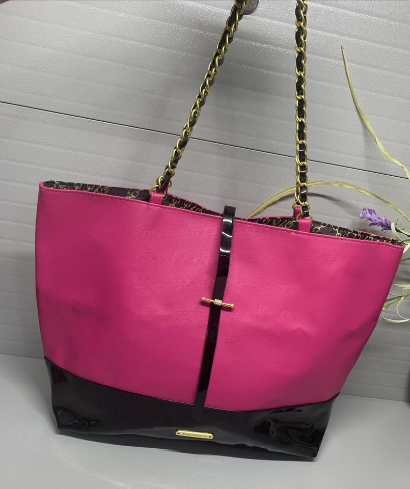 Juicy Couture Glam Pink/Black Glossy Faux Leather Gold Chain Shoulder ToteBag - Image 2 of 4