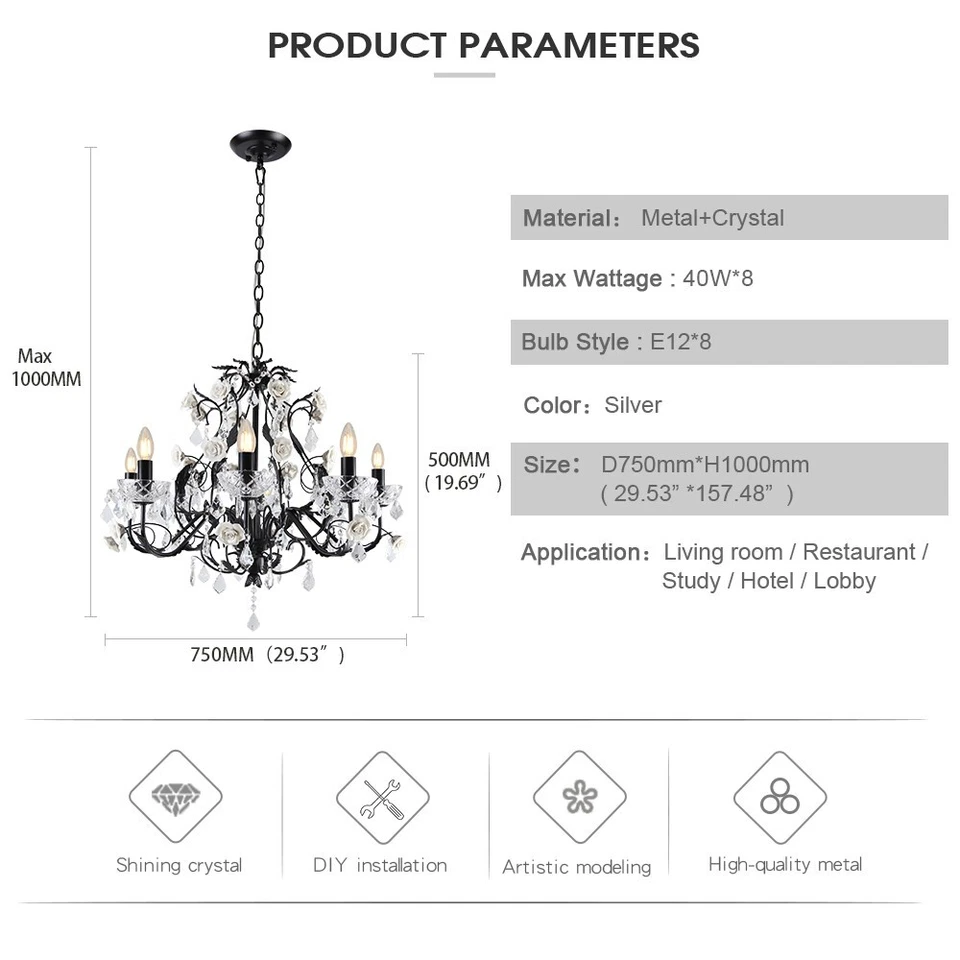 Candelabro antigo preto cristal 8 luzes – Luminária de teto pingente vintage - Imagem 3 de 4