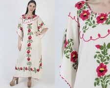 Cream Mexican Embroidered Kaftan Vintage Cotton Floral Sundress Gauze Maxi Dress