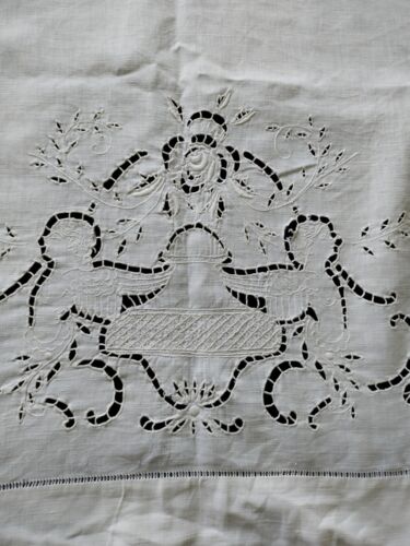 Antique linen lace white embroiedry textile figured panel wall hanging  560 - Afbeelding 1 van 11