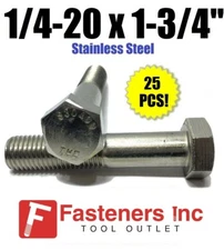 (Qty 25) 1/4-20 x 1-3/4" Stainless Steel Hex Cap Screw / Bolt 18-8 / 304