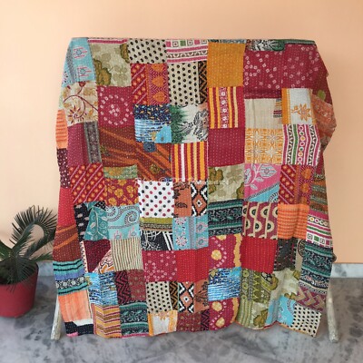 Art Kantha Twin Quilt Vintage Patchwork Reversible Blanket Cotton Bohemian Throw
