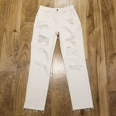 PacSun White Denim Mom Jeans Size 24 Womens Mid Rise Torn Ripped Destroyed  26x27